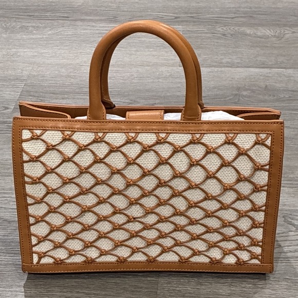 Brandon Blackwood Brand New Marcy Ave Tote Bag Camel Leather Net , Beige Linen - Picture 7 of 11